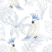 Tropical Parrot Birds, Blue Outline Palm Leaves, White  Background. Vector Seamless Pattern. Jungle Illustration. Exotic Plants. Summer Beach Floral Design. Paradise Nature