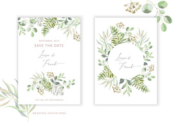 Wedding greenery cards, poster design. Green leaves, fern bouquet, frame, white background. Vector illustration. Romantic floral arrangements. Invitation template