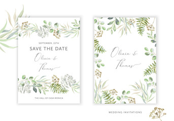 Wedding greenery cards, poster design. Green leaves, fern border, frame, white background. Vector illustration. Romantic floral arrangements. Invitation template