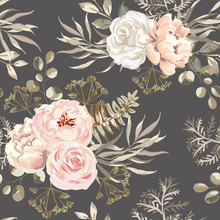 Blush Pink Rose, Peony Flowers With Beige Leaves Bouquets, Brown Background. Floral Illustration. Vector Seamless Pattern. Botanical Design. Nature Summer Plants. Romantic Wedding