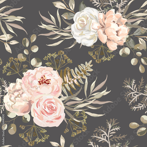 Blush pink rose, peony flowers with beige leaves bouquets, brown background. ...