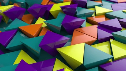 Poster - 3D animation of many geometric shapes, pyramids, triangles of different colors moving in space.