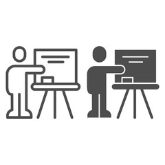 Poster - Teacher at blackboard line and solid icon. Visual presentation, lector pointing at board. Education vector design concept, outline style pictogram on white background.