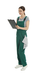 Poster - Full length portrait of professional auto mechanic with clipboard and rag on white background