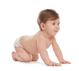 Poster - Cute little baby in diaper on white background