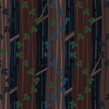 Dark Mystery Forest With Thicket Of Crooked Brown Trees And Creepers, Seamless Vector Background