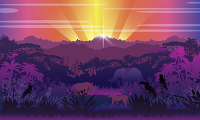 Tropical view with jungle, elephant, rhino, leopard, exotic birds and plants, hills. Panoramic rainforest background with sunset rays and wild animals’ silhouettes. African landscape in violet colors