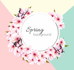 Poster - Spring nature background with a pink sakura blossom. Vector