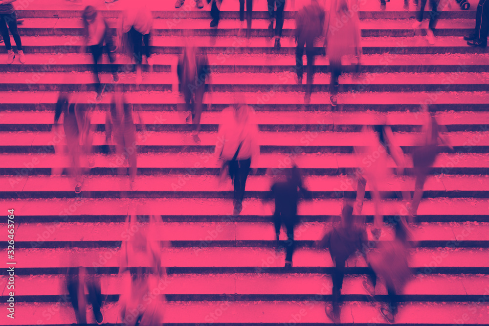 Overhead view of people walking up the stairs in Central Park, New York City with pink and blue color effect - obrazy, fototapety, plakaty 