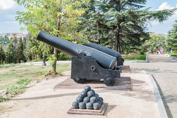 Old cannons on wooden carriages and defensive fort cores.