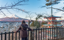 Traveller Woman Looking On Japanese Fuji Mountain On Blue Sky.