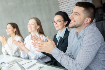 Poster - Professional education. Happy business listeners clapping hands
