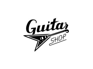 Wall Mural - Guitar Shop lettering with electric guitar. Vector logo design for instrument shop.