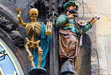 Statues Of Skeleton Or Death  And Turkish Man On Tower With Prague Astronomical Clock Orloj