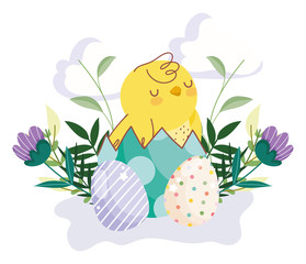 Poster - happy easter cute chicken in eggshell eggs flowers leaves decoration