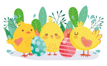 Happy Easter Cute Chickens Decorative Eggs Foliage Decoration