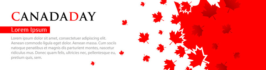Wall Mural - Panoramic banner for Canada Day. Red maple leaves fly on a white background. Template with place for your text, copy space. Vector illustration