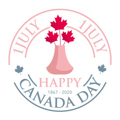 Wall Mural - Square banner Happy Canada Day. Bouquet of red maple leaves in a pink vase on a white background. Sign, symbol. Vector illustration