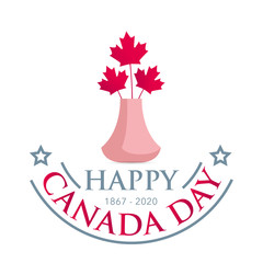 Wall Mural - Square banner Happy Canada Day. Bouquet of red maple leaves in a pink vase on a white background. Vector illustration