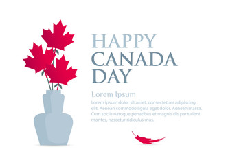 Wall Mural - Greeting card Happy Canada Day. Bouquet of red maple leaves in a gray vase on a white background. Copy space for text. Vector illustration