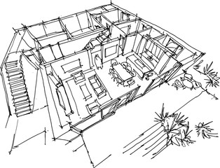 hand drawn sketch of Perspective cut away diagram of living room with kitchen and terrace in the ground floor of detached house 