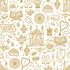 Eid Mubarak Seamless pattern. Muslim festival Ramadan kareem background. Hand Drawn doodle Arabian icons item. Islamic culture Vector illustration.