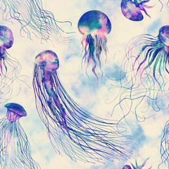 Wall Mural - Pattern seamless jellyfishes Colorful repeat texture wallpaper design illustration Watercolor in bright style vivid blue purple violet medusa isolated on white background