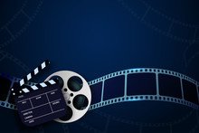 Cinema Film Strip Wave, Film Reel And Clapper Board Isolated On Blue Background. 3d Movie Flyer Or Poster With Place For Your Text. Template Design Cinematography Concept Of Film Industry. Vector