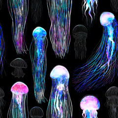 Wall Mural - Pattern seamless jellyfishes Space colorful repeat texture wallpaper illustration Night galaxy mix with watercolor jelly fishes in bright style vivid blue purple violet isolated on dark background