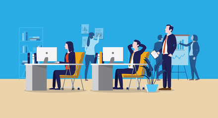 Poster - Office with people illustration - Workplace with characters, man, woman and manager running a business, agency or startup company. Vector.