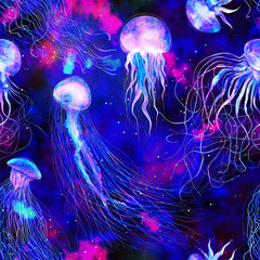 Wall Mural - Pattern seamless jellyfishes Space colorful repeat texture wallpaper illustration Night galaxy mix with watercolor jelly fishes in bright style vivid blue purple violet isolated on dark background