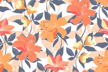 Vector Floral Seamless Pattern With Lilies And Clematis. Pink And Orange Garden Flowers With Grey And Pale Orange Leaves Isolated On A White Background. Spring, Summer Tile Pattern.