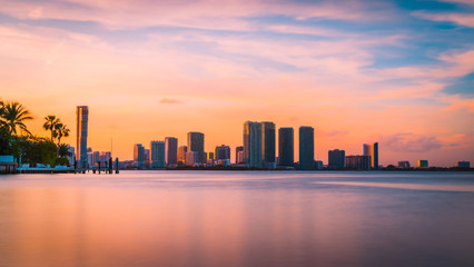 Wall Mural - skyline buildings city cityscape sunset sky downtown night miami florida usa aquatic sea architecture cloud skyscraper prints dusk river panoramic