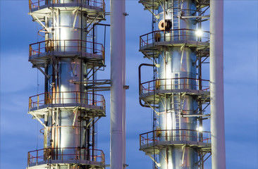 Reaction columns at a chemical plant for the production of nitrogen fertilizers