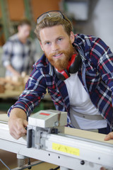 Wall Mural - man using equipment at wood factory