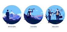 Business Mission, Vision And Values. A Set Of Images To Use In Presentation Or Website Stating Our Mission, Our Vision And Our Values. Vector Illustration.