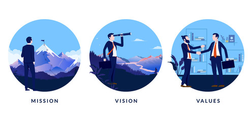 Leinwandbilder - Business mission, vision and values. A set of images to use in presentation or website stating our mission, our vision and our values. Vector illustration.