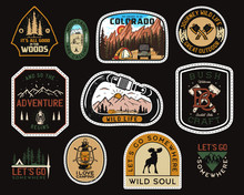 Vintage Camp Patches Logos, Mountain Badges Set. Hand Drawn Stickers Designs. Travel Expedition, Backpacking Labels. Outdoor Hiking Emblems. Logotypes Collection. Stock Vector.