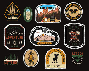 Wall Mural - Vintage camp patches logos, mountain badges set. Hand drawn stickers designs. Travel expedition, backpacking labels. Outdoor hiking emblems. Logotypes collection. Stock vector.