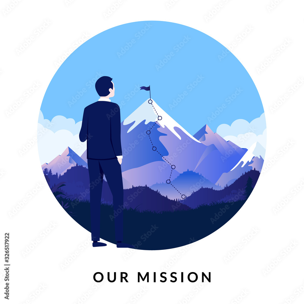 Mission Summit Graphics Business mission - illustration of man looking at mountain with flag on ...