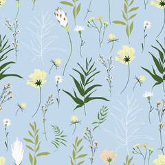 Wall Mural - Blossom floral seamless pattern. Trendy colorful vector texture. Blooming botanical motifs scattered random. Good for fashion. Ditsy print. Hand drawn different wild meadow flowers on blue background