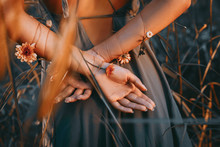 Close Up Of Young And Tender Woman Hands Crossed Behind The Back