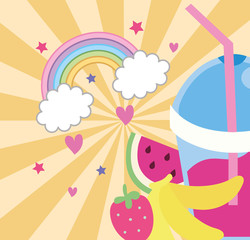 Poster - sweet fruits juice with straw and rainbow kawaii style