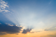 Sunset With Clouds And Crepuscular Rays In Evening, For Background