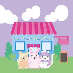 Poster - cute little animals outdoor house kawaii characters