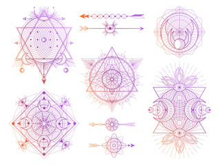 Wall Mural - Vector set of Sacred geometry symbols with moon, eye and arrows on white background. Abstract mystic signs collection.