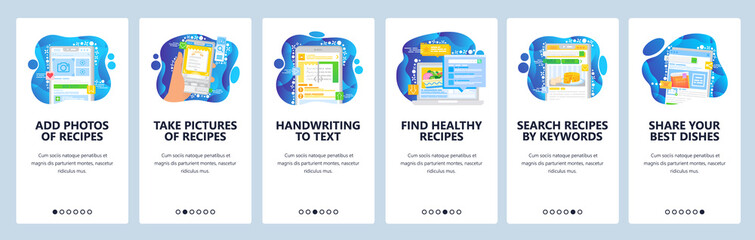 Healthy food recipes online. Upload food photo and share on social media. Cookbook and meal recipe on a phone. Mobile app screens. Menu vector for website development. Web site design illustration