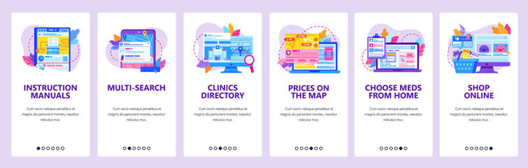 Poster - order drugs in online pharmacy store. search clinic location on a map. mobile app onboarding screens
