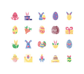 Canvas Print - cute bunnies and happy easter concept of icons set, flat style and colorful design