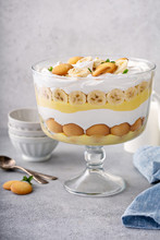 Banana Pudding Trifle With Vanilla Wafers In A Large Digh Glass